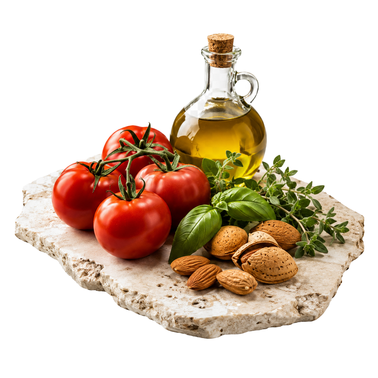 Ingredienti pugliesi su pietra: olio, pomodori, basilico, mandorle